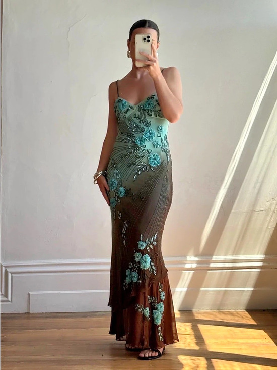 Cache Dresses & Skirts - Floral Embellished Maxi Dress in Blue & Brown